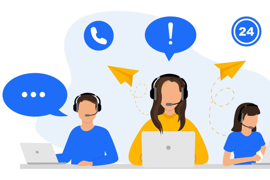 Hotline, customer support, call center. Hotline operators with headset is sitting at her computer and talking with client. Online support 24 hours. Online customer service. Vector Illustration